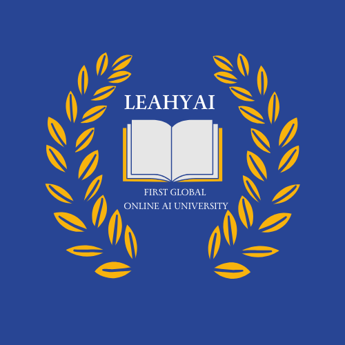 LeahyAI University Logo - Blue background with gold laurel leaves surrounding an open book